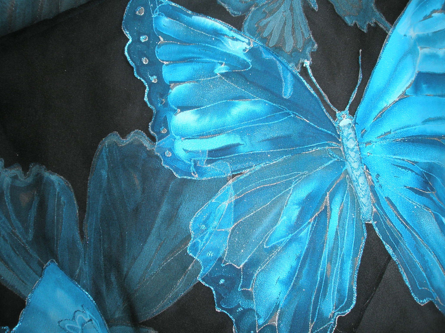 Made to order hand painted silk scarf with turquoise morpho butterflies. Blue, black and silver magic silk chiffon scarf