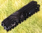 Crochet Cuff-Bracelet-Beads-Wearable Fiber Art--Black--Faux Fur