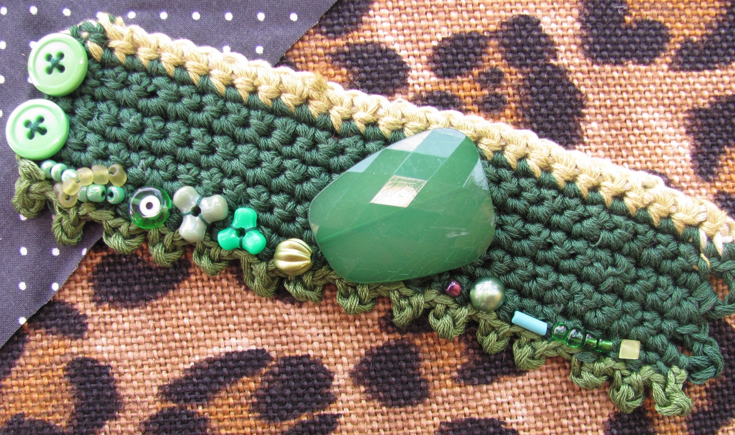 Crochet Cuff-Bracelet-Beads-Wearable Fiber Art--Emerald Green
