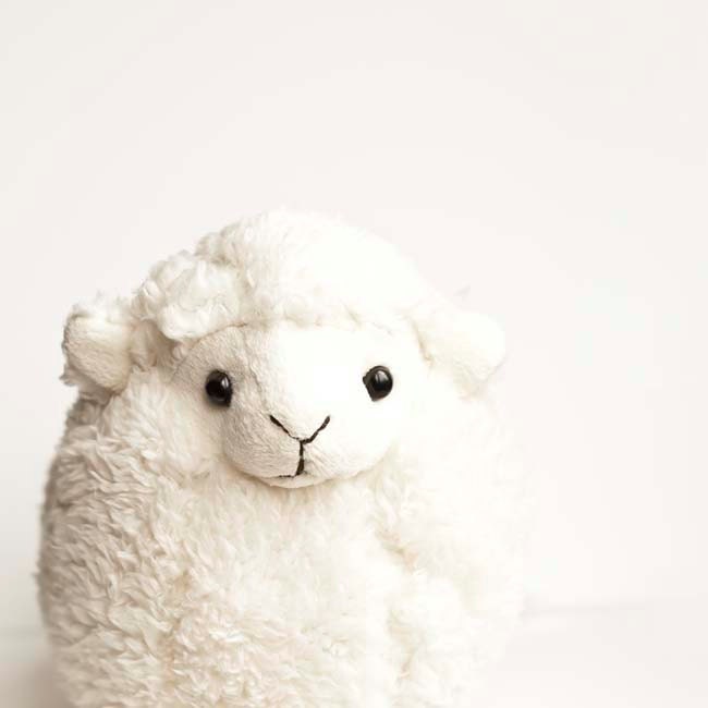 Children decor, minimalist, white, toy baby lamb, beige nursery decor - fine art photography 5x5 photo