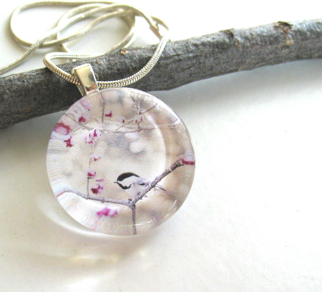 Feminine Valentine Jewelry, Pink and gray Glass pendant necklace with snake chain Oht