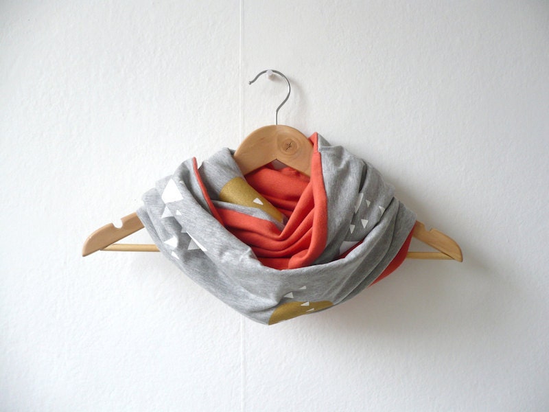 Hand Printed Infinity Scarf / Moon & Mountains Grey Gold Coral
