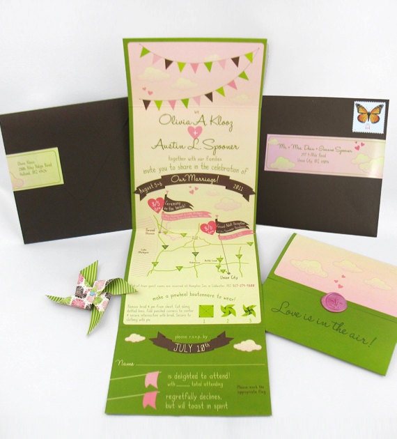 Party Pennants Folding Wedding Invitation SAMPLE - with DIY Pinwheels for Guests