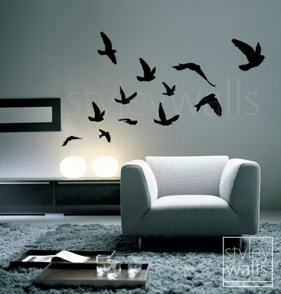 Flying Birds Wall Decal, Birds Wall Sticker Flying Birds Set of 12 - Vinyl Wall Decal for Office Home Decor Room Art