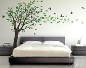 Tree decal Wall Sticker Tree with Birds and leaves blowing in the Wind - EXTRA LARGE Vinyl Wall Decal Sticker Nursery Kids Baby Children