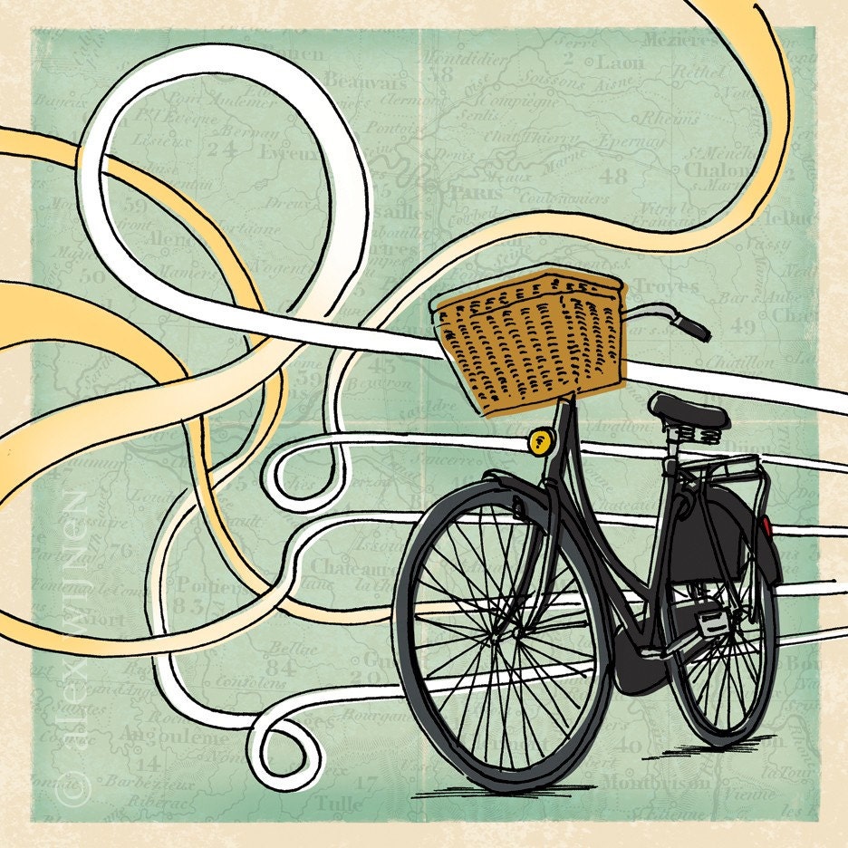 8x10 illustration print: Taking the Scenic Route (bike with basket & roads on French map background)