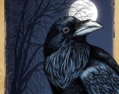 11x14 illustration print: Crow Season (black crow / raven with full moon & tree at night)
