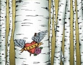 8x10 illustration print: Proclaiming My Love (tattoo heart on birch trees)