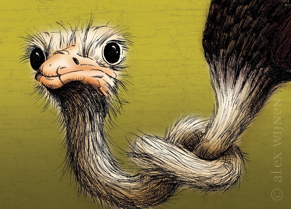 8x10 illustration print: Hard to Swallow (ostrich with knotted neck on green background with brown)