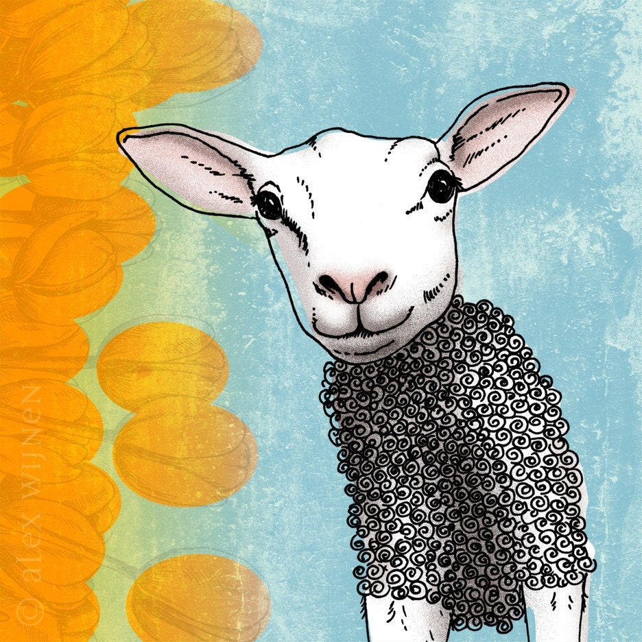8x10 illustration print: Springtime (lamb in sweater with tulips)