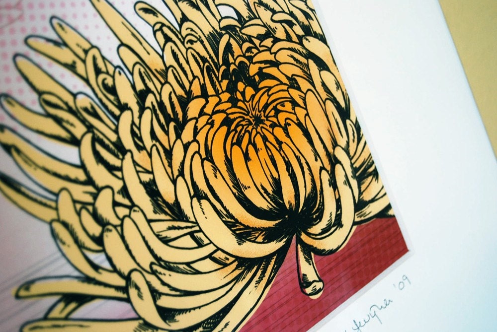 8x10 illustration print: Mum No. 1 (yellow chrysanthemum flower with pink background)