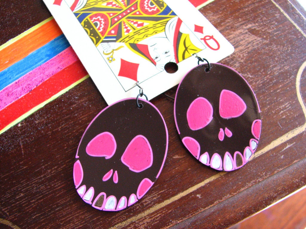 Pink Skull Earrings with a Gold Tooth
