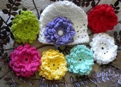 GARDEN PARTY Baby Beanie - HEADBAND And 7 Interchangable Flowers- white, yellow, aqua, pink, purple, red and lime. Great Photo Prop