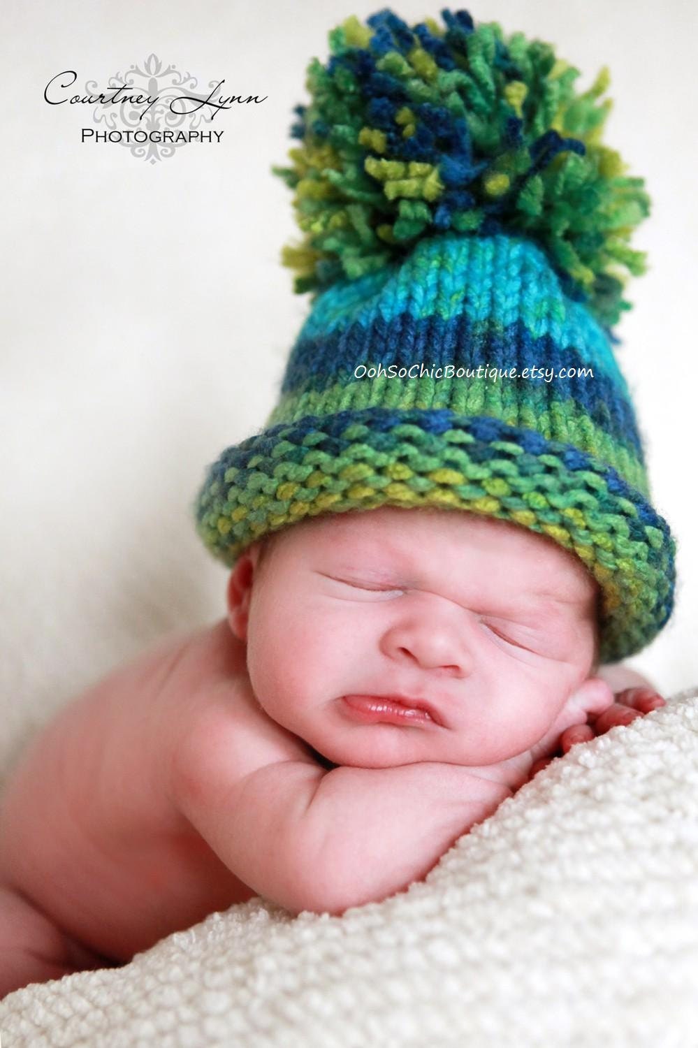 READY TO SHIP Newborn - 3 Months - Pom Pom Hat in Blue Grass...Baby Girl Hat or Baby Boy Hat....Great Photo Prop