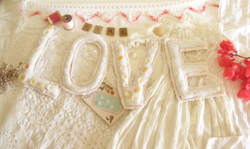 Love Banner, Love Sign, White Re purposed Vintage Linen Letters, Romantic Wedding Decor