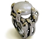 Gemstone silver ring - Sterling silver and gold prongs with a coin pearl statement ring - The cure