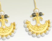 Ethnic arc shaped pearl and smokey quartz 24k gold plated earrings - Make time