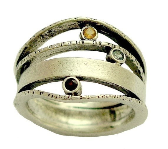 Sterling silver mothers ring with garnet, citrine and blue topaz gemstones - birthstones ring - What makes you smile.
