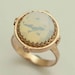 14k Rose gold engagement crown, Victorian ring with a flat coin pearl - Snow white.