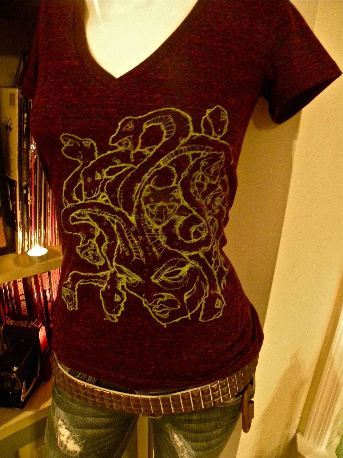 Medusa Women's Deep V Hand Screened T Available in Sm, Med, Lg, XL