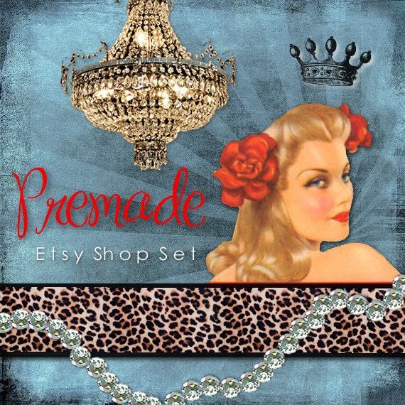 Etsy Shop Set, Premade Banner Set, Avatar, Thank you graphic, Vintage Grunge Pinup Diamond Jewelry leopard