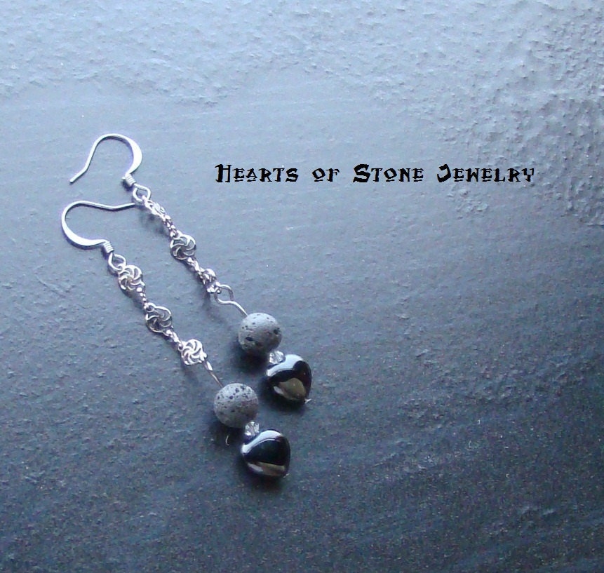 Onyx gemstone heart earrings with lava -Black Heart-  CLEARANCE
