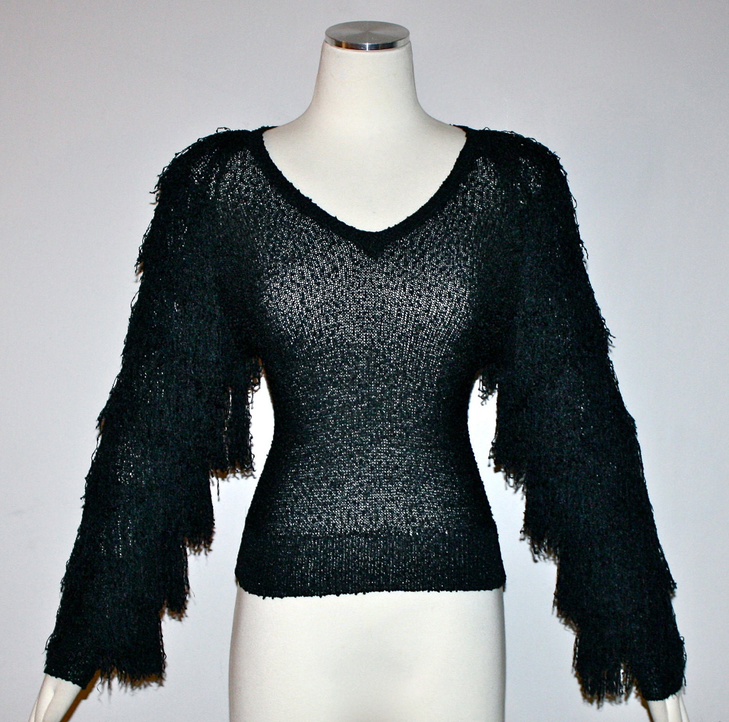 Vintage FRENCH RAGS Black Hand Loomed Avant Garde Fringe Sweater