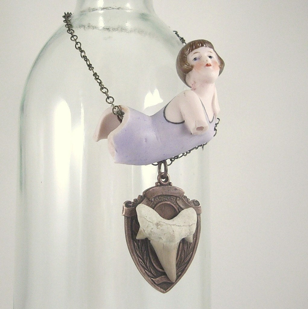 reserved for Zipeez-Bottle Tag- JAWS Porcelain Swimmer and Shark Tooth