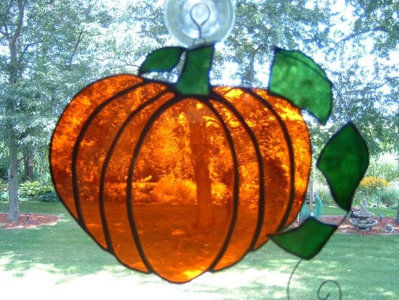 Pumpkin and Leaves Stained Glass Suncatcher by islandglass1
