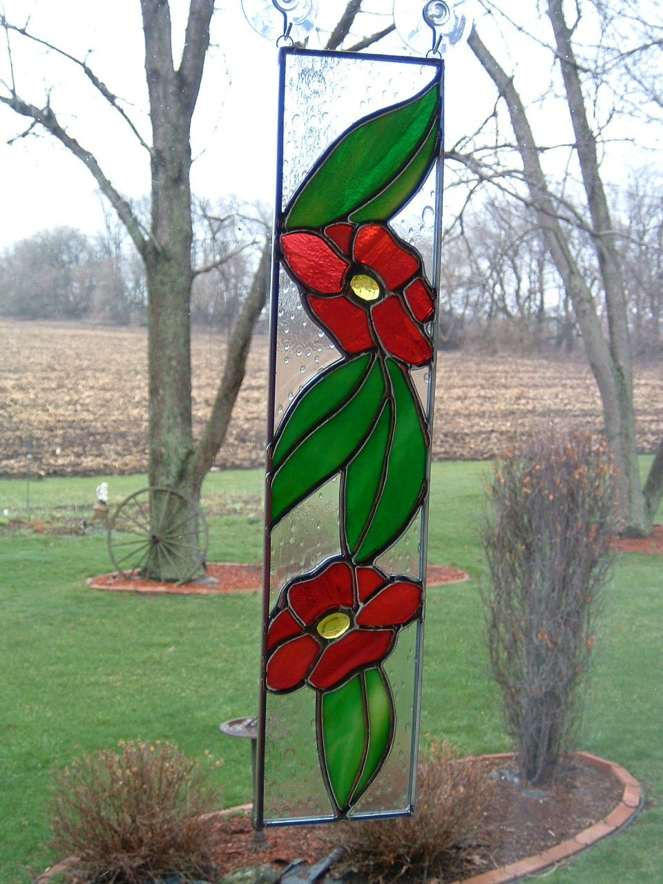 Simple Scarlet Flower Stained Glass Panel Suncatcher