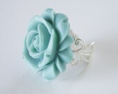 Blue Resin Rose Flower Silver Metal Vintage Inspired Adjustable Ring, Bridesmaids, Spring Fashion, Wedding, Bridal Jewelry