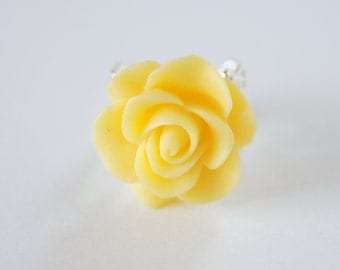 Yellow Resin Rose Flower Silver Metal Adjustable Ring, Vintage Inspired, Bridesmaids, Spring Fashion, Bridal Jewelry