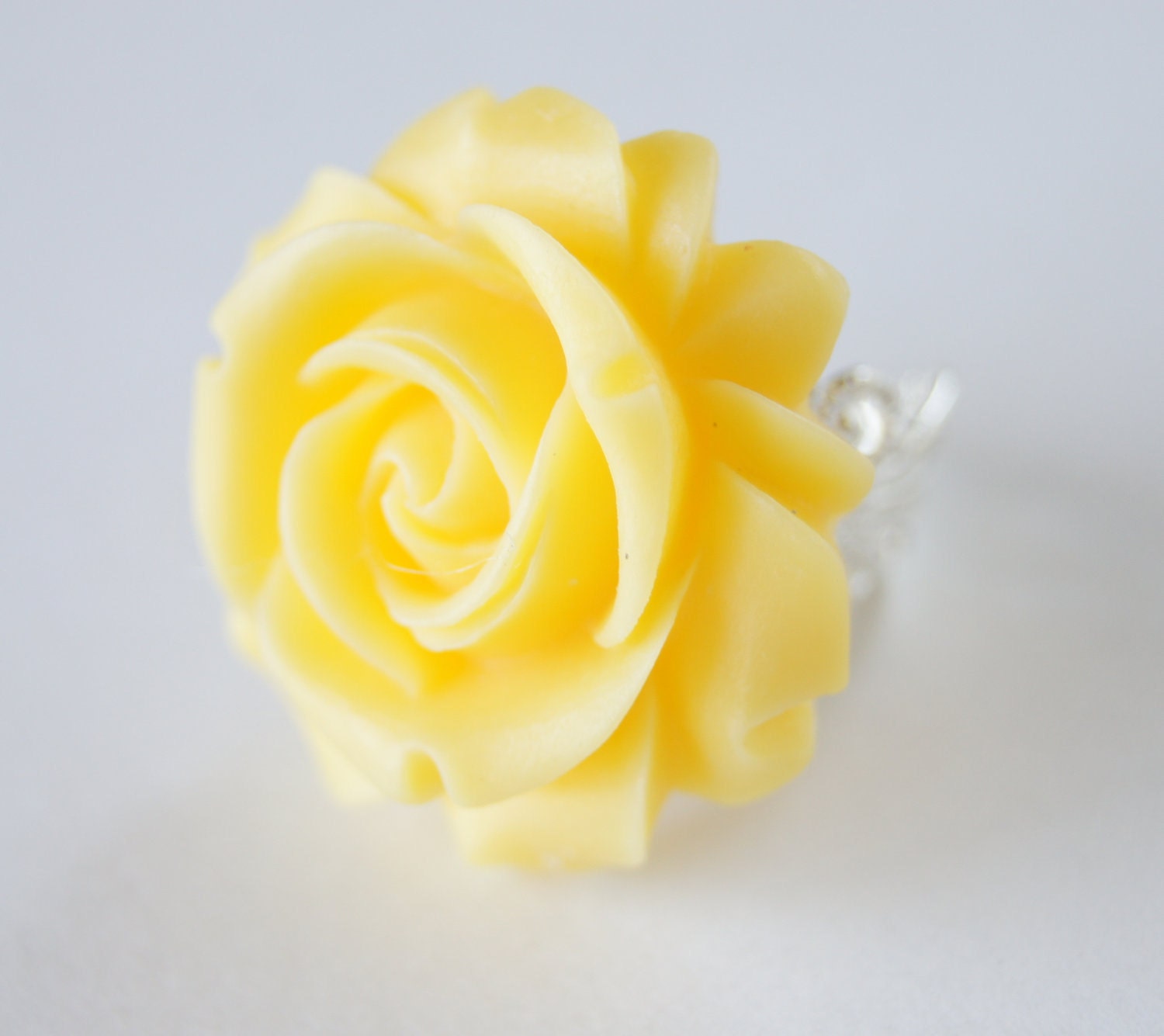 Yellow Resin Rose Flower Silver Metal Ring Vintage Inspired, Bridal Jewelry, Bridesmaids Gifts, Spring Trends