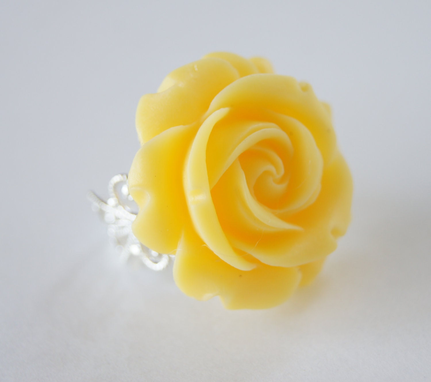 Yellow Resin Rose Flower Silver Metal Ring Vintage Inspired, Bridal Jewelry, Bridesmaids Gifts, Spring Trends