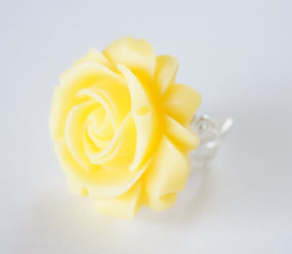 Yellow Resin Rose Flower Silver Metal Ring Vintage Inspired, Bridal Jewelry, Bridesmaids Gifts, Spring Trends