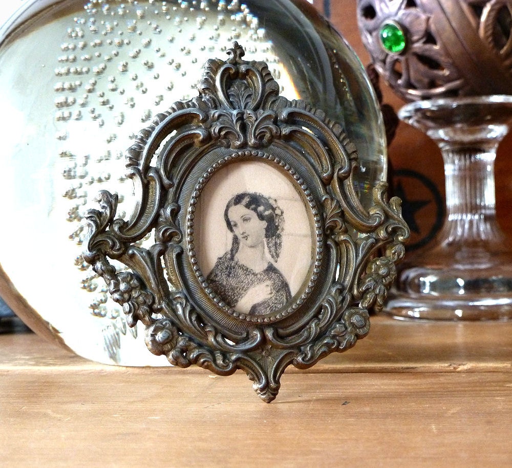 Vintage Tiny Metal Frame Oval Portrait of Woman, Italy