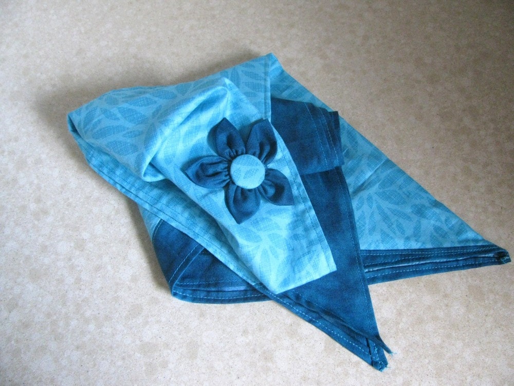 Cotton Bandanna Head Scarf with Flower in Two-Tone Turquoise