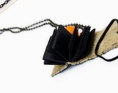 Mini Book Necklace, beaded black leather, orange wooden bead
