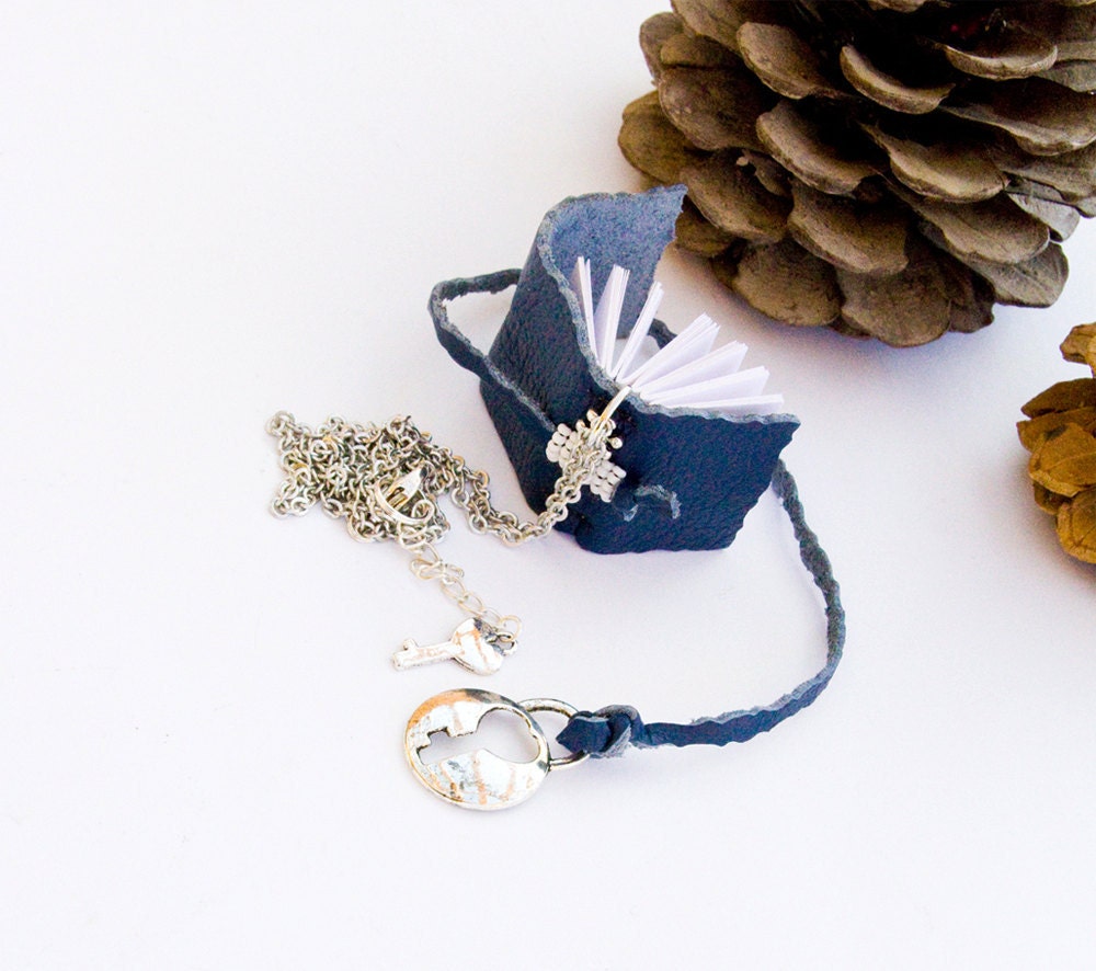 Back to school Mini book necklace, blue beaded leather, key lock, book pendant