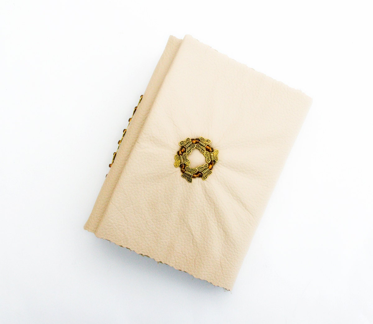 Beige leather Journal, beaded butterfly Sketchbook