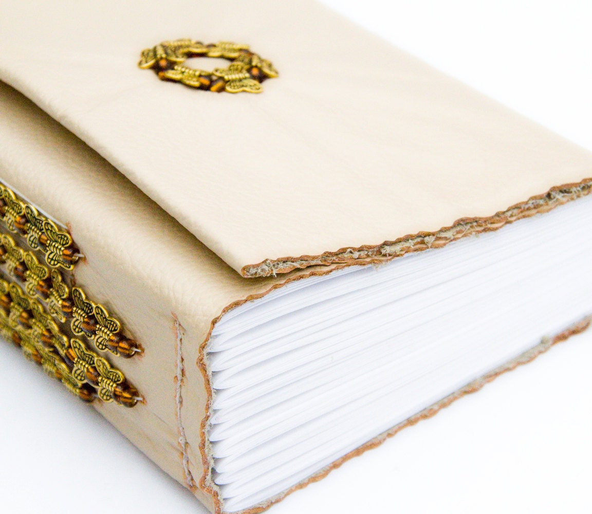 Beige leather Journal, beaded butterfly Sketchbook