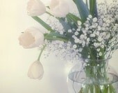 White Flower Bouquet Photograph - tulips babys breath vase white
