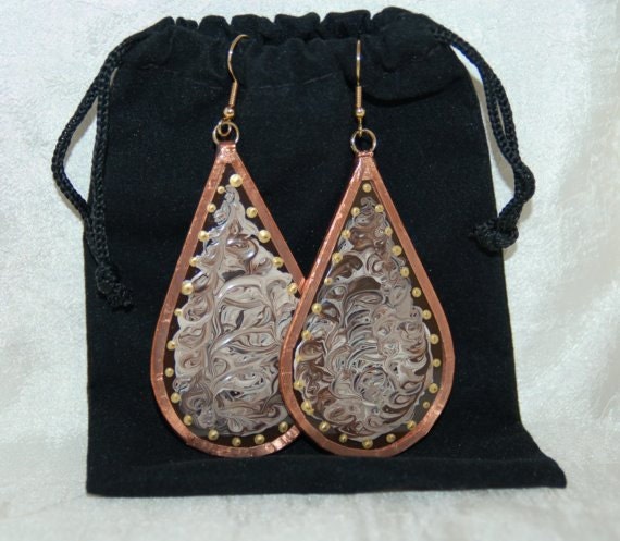 Brown and Beige Glass and Copper Earrings Handmade and Hand Painted