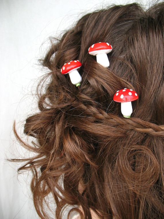 the faerie ring . three mushroom hair bobbies . hair clips .  red and white amanita muscaria