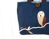 Owl bag blue navy cotton fabric tote