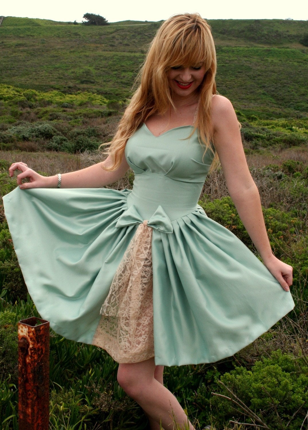 To The Sea Dress 50s Vintage Inspired Custom Sundress in Ocean Green Silk and Ecru Lace Any Size Color and Length