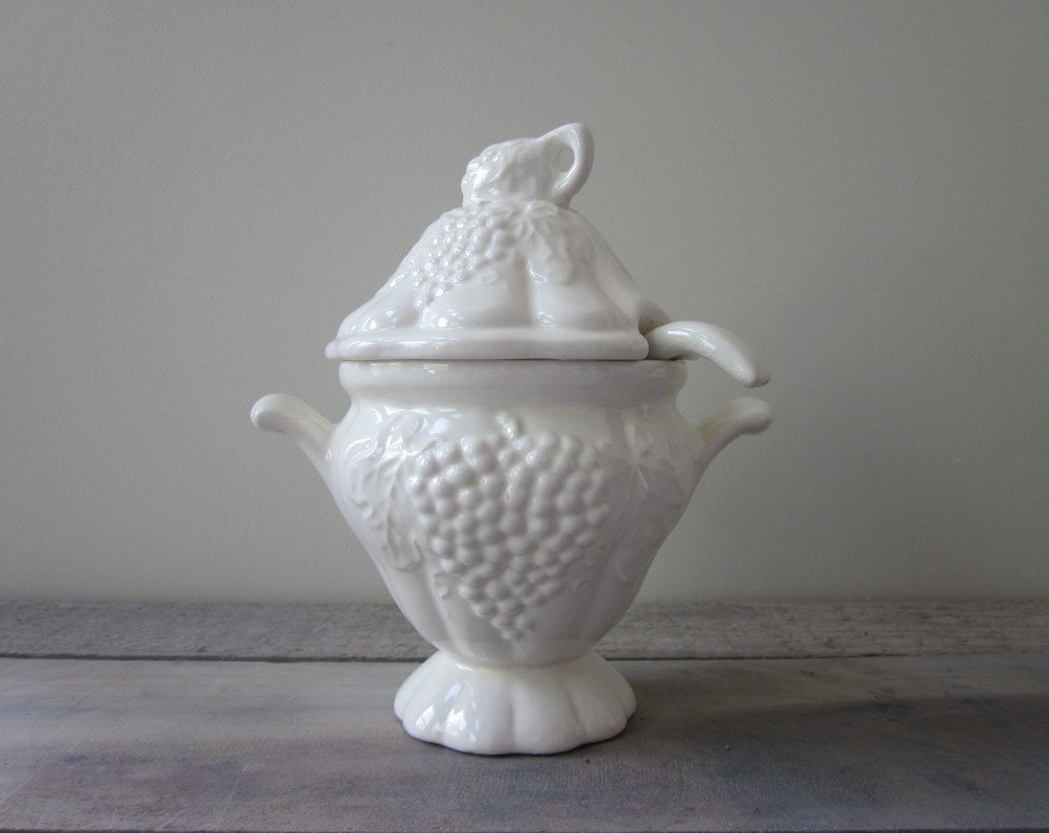 Small White China Tureen with Grape Pattern