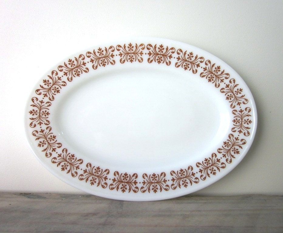 Oval Milk Glass Platter with Brown Trim Pyrex