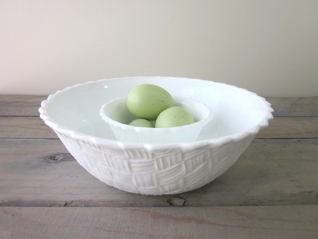Milk Glass Chip and Dip Bowls Indiana Glass Basket Weave