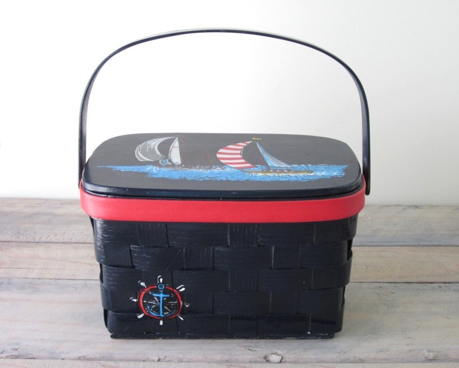Hand Painted Navy Blue Wood Basket Sailboat Purse
